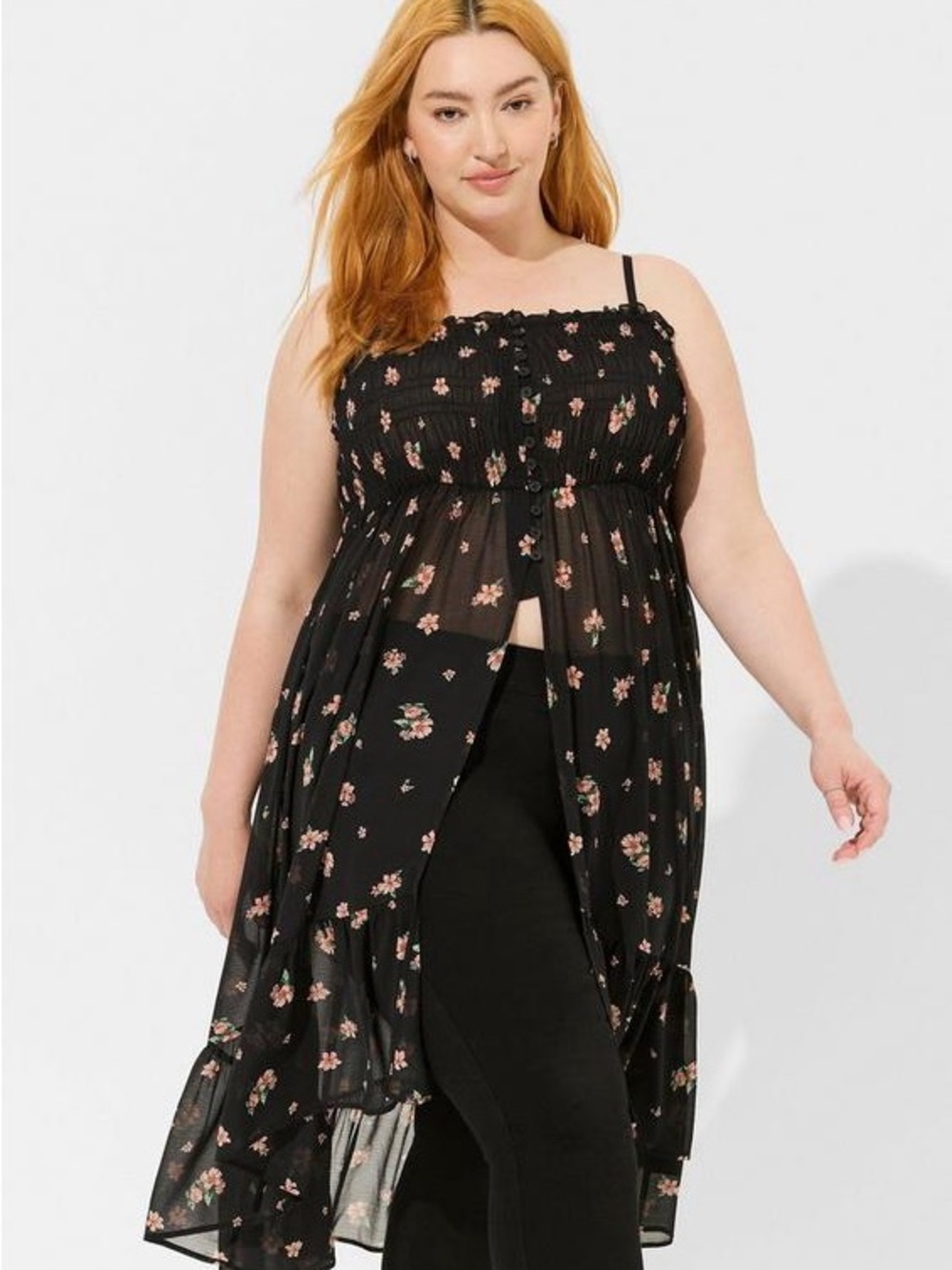 TORRID Chiffon Button-Up Floral Sleeveless Tunic Dress Sheer Black Size 4X